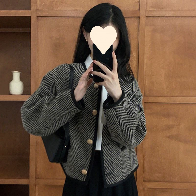 Весеннее и осеннее новое женское пальто маленькое ароматное короткое шерстяное пальто корейское черное пальто осень-зима дикий топ