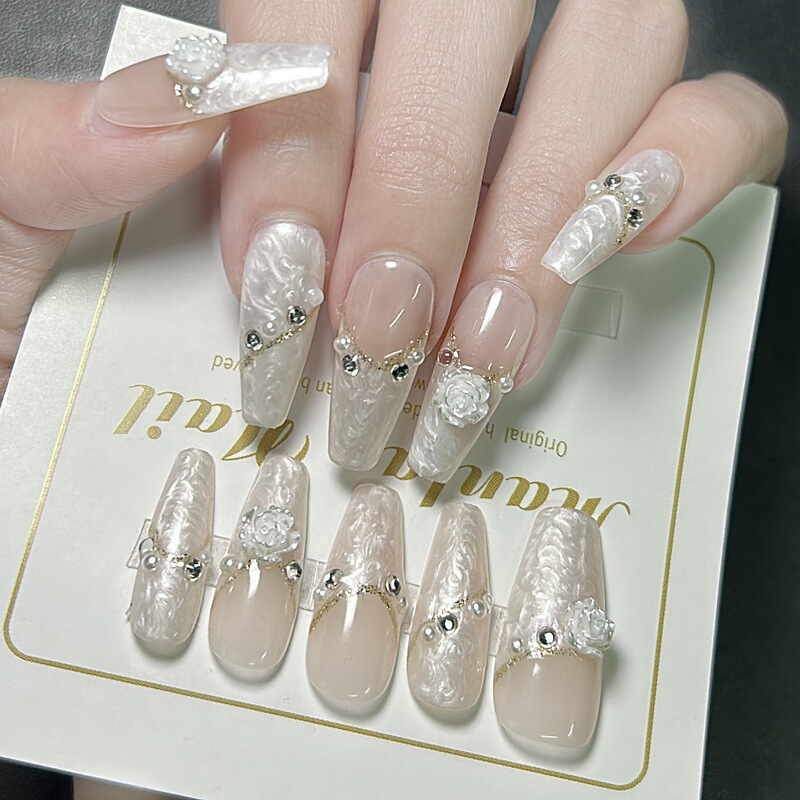 Handmade phototherapy nail white camellia flower wearing nail thread hook line fake nail detachable white nail piece