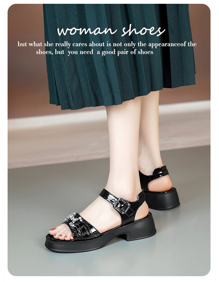 Sandal cao gót nữ da bò đế dày quai ngang đính đá — màu đen chi tiết 7