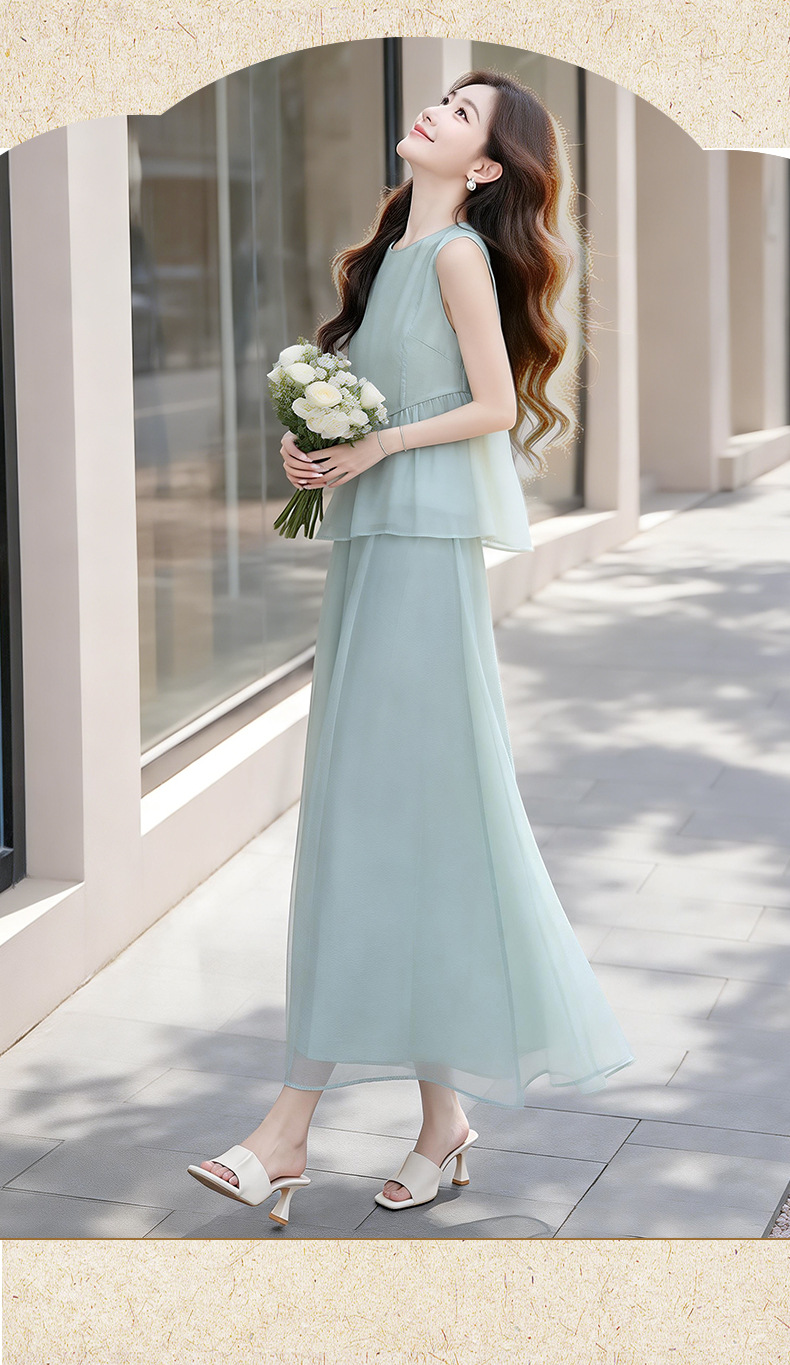 Set váy hai mảnh gồm áo không tay phối chân váy midi thắt eo — xanh lá cây chi tiết 14