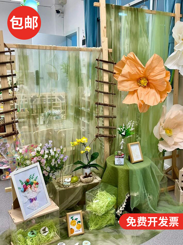 New Chinese Style Guofeng Yarn Mantle Printing Mesh Fabric Kindergarten Huan Chuang DIY Decoration Antique Calligraphy Green Cloth Mantle