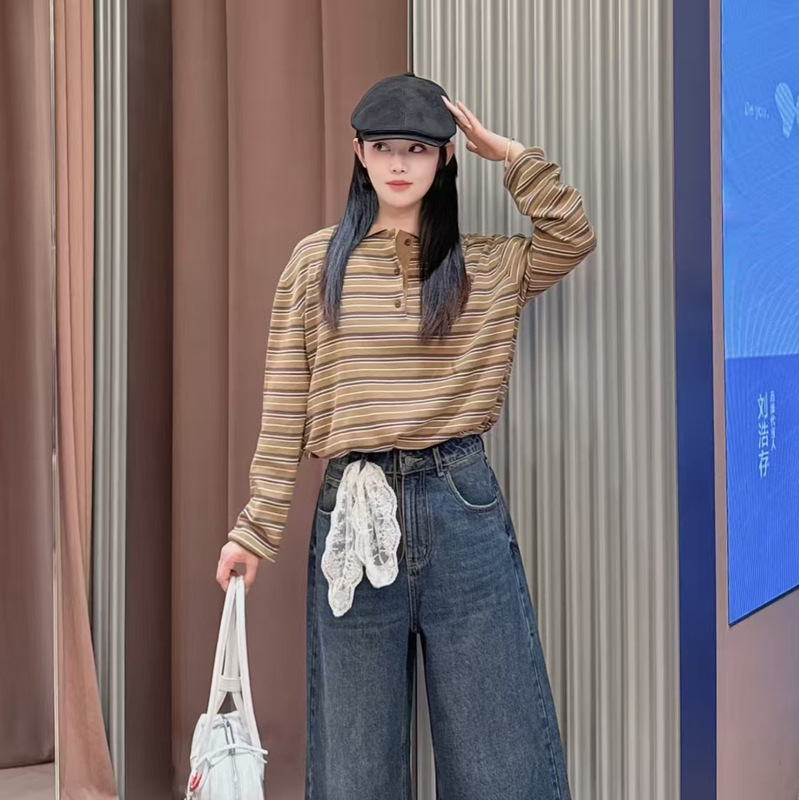 现货2025秋季新款宽松百搭休闲显瘦撞色POLO领条纹针织衫3J3E436|undefined