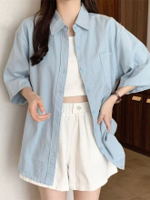 白色纯棉短袖衬衫女夏季韩版宽松中长款纯色情侣衬衣外穿上衣批发