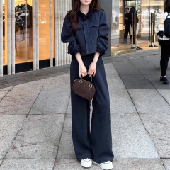 港味复古套装女2025夏季季新款单排扣修身短外套阔腿休闲裤两件套