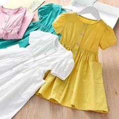 Girls' Summer 2023 New Stylish Open Shirt Skirt Baby Plain Princess Dress Children's Short Sleeve Dress