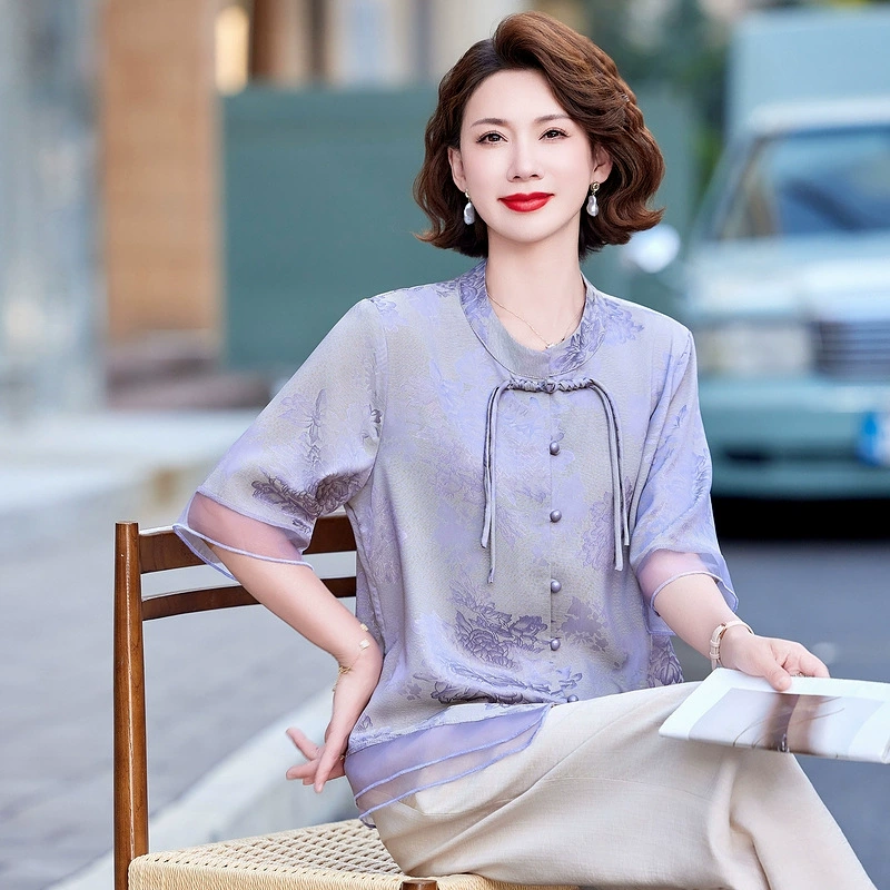 Модный новый китайский стиль мама летний костюм 2025 новый средний и пожилой женский стиль рубашка с толстым рукавом рубашка
