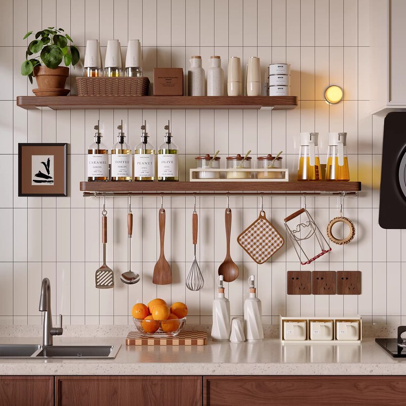 Kitchen Storage Rack, Wall-Mounted, No-Drill, Solid Wood, Single-Piece Board, Multifunctional Wall-Mounted Spice Storage Shelf for Home Use