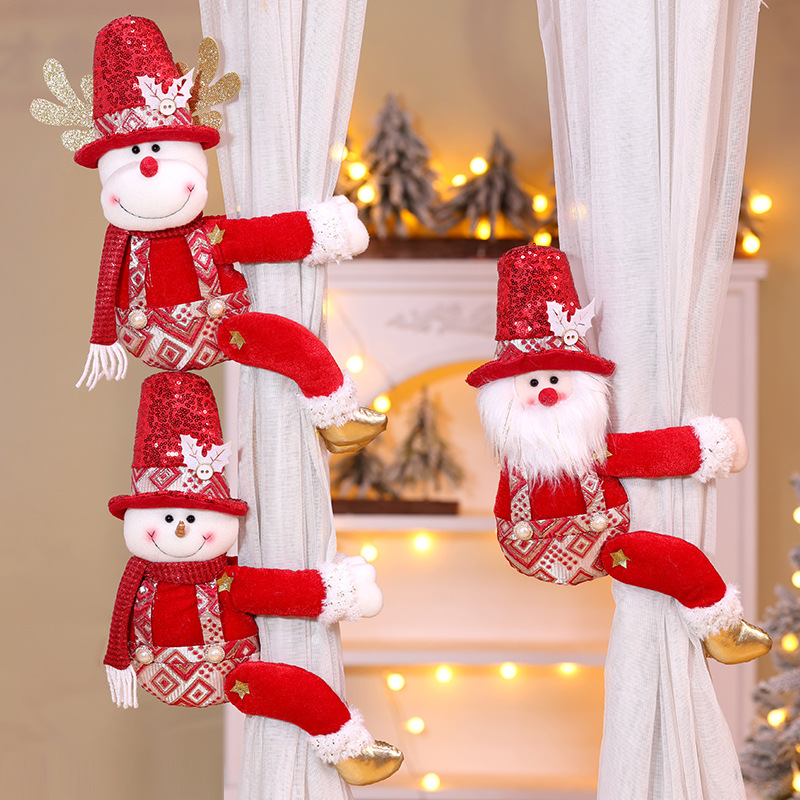 新款圣诞窗帘扣装饰品圣诞节红色亮片老人雪人创意玩偶窗帘抱