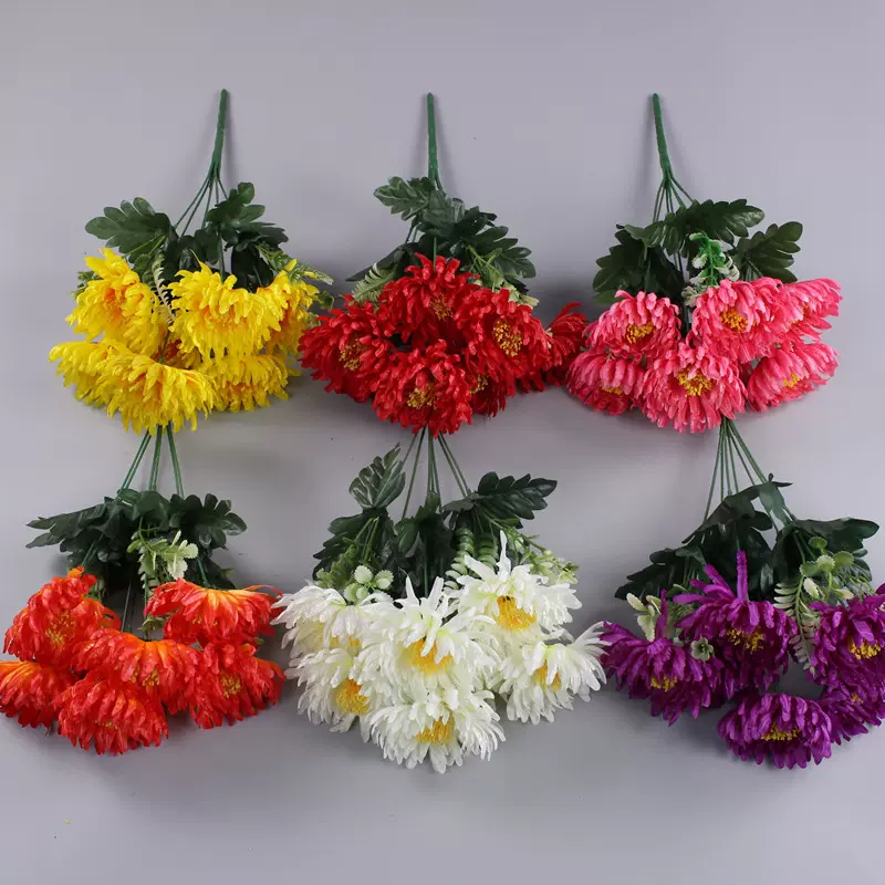 跨境7头仿真花针菊清明节祭祀上坟假花殡仪馆绢花大把束菊花批发