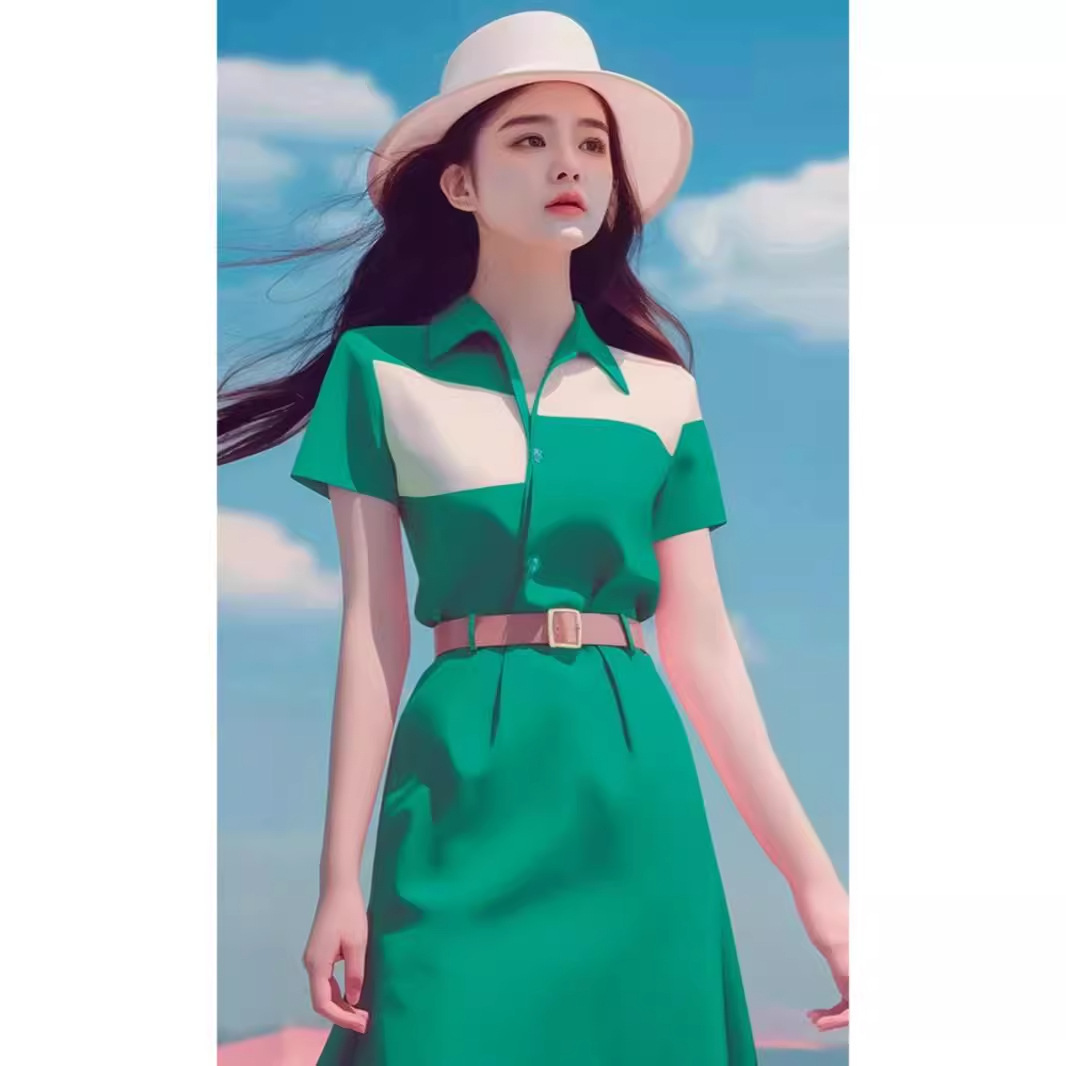 Váy sơ mi nữ phối màu xanh trắng cổ đức thiết kế cá tính dáng suông mùa hè — Màu xanh lá