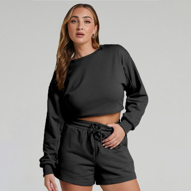Solid Color Long Sleeve Sweaters Women Clothing Short Two-Piece Casual Shorts Suit