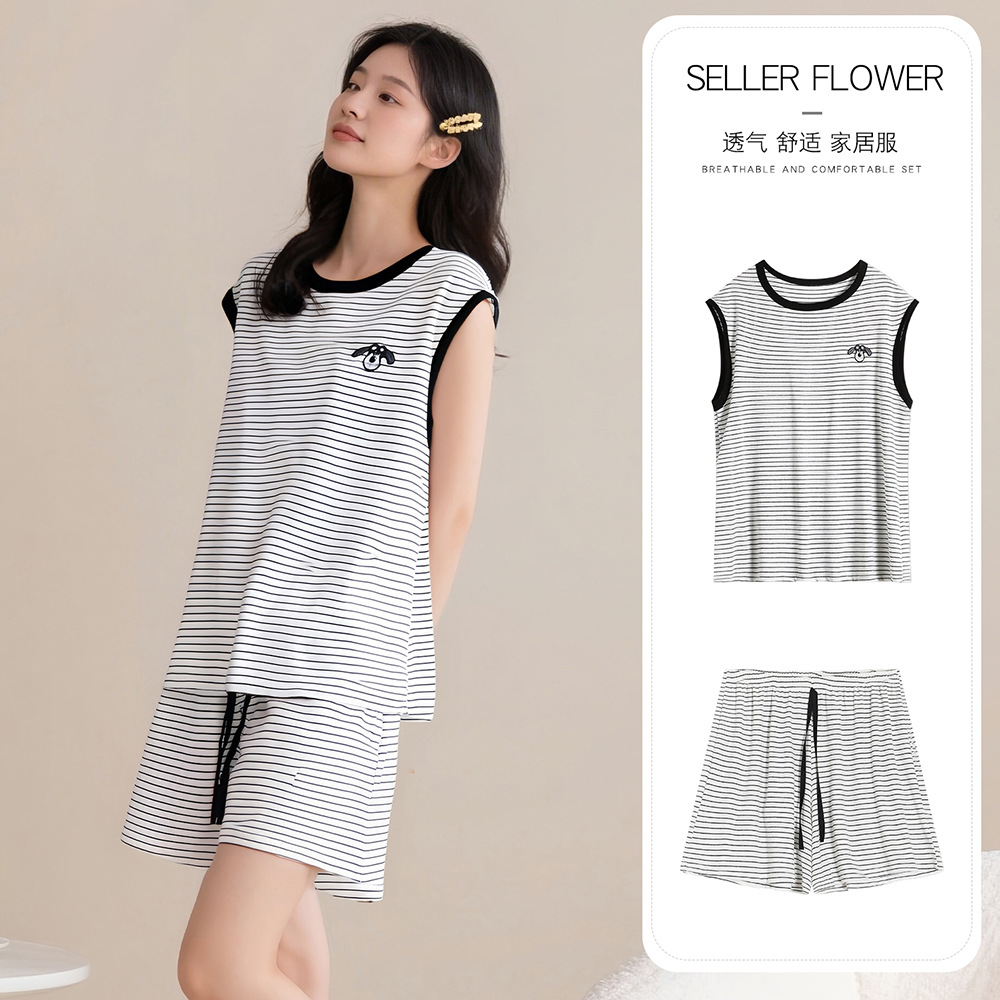 【定制】韩版夏季条纹卡通睡衣女士家居服大码飞行狗弹力透气套装