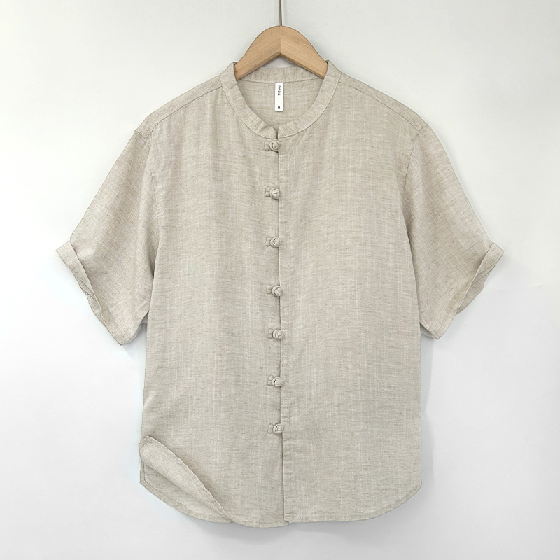 High-end Tencel Linen Short-sleeved Shirt Men's Collar Top Summer Linen Cardigan Chinese Style National Style Buckle Tang Dress