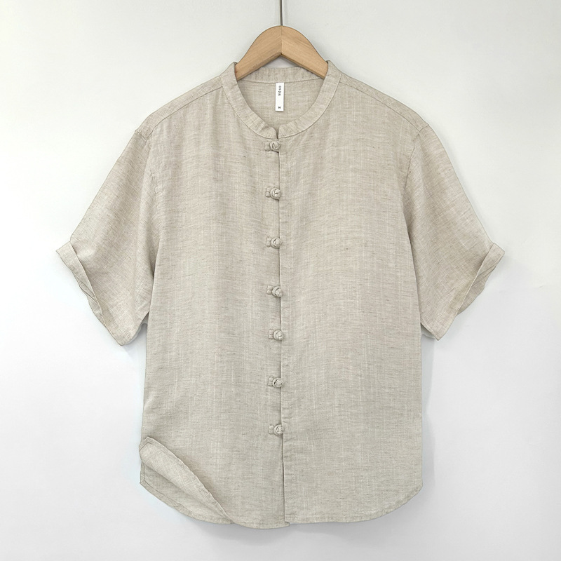 High-end Tencel Linen Short-sleeved Shirt Men's Collar Top Summer Linen Cardigan Chinese Style National Style Buckle Tang Dress