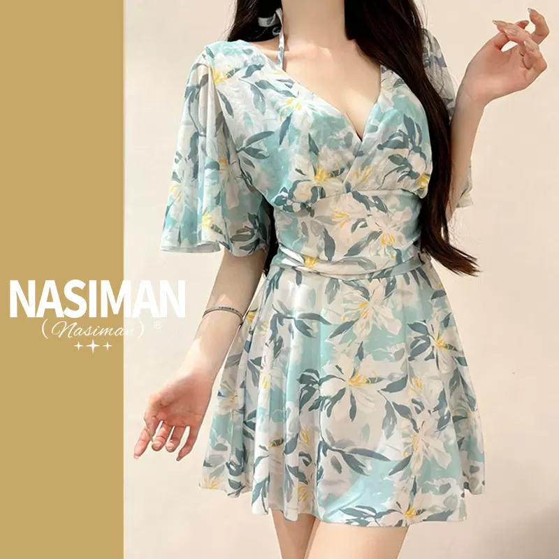 2026新款印花V领温泉游泳舒适高级连体式泳装显瘦收腰纯欲泳衣女