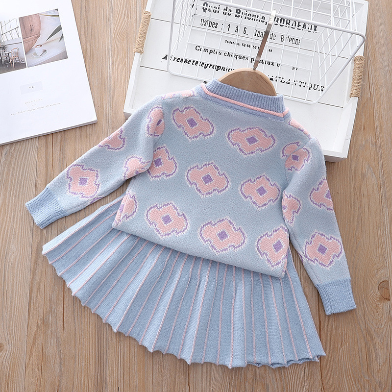 Mädchen-Herbst-Winter-Kleid, Internet-berühmter Rundhals-Pullover für kleine und mittelgroße Mädchen, Faltenrock, zweiteilig_voghion.com