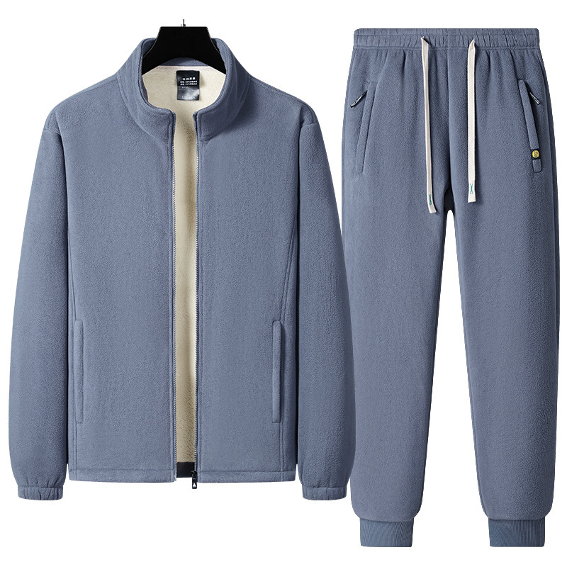 Fleece-Lined Thickened Polar Fleece Lamb Fleece Stand Collar Jacket Casual Pants Men's Warm Two-Piece Set Arctic Fleece Winter