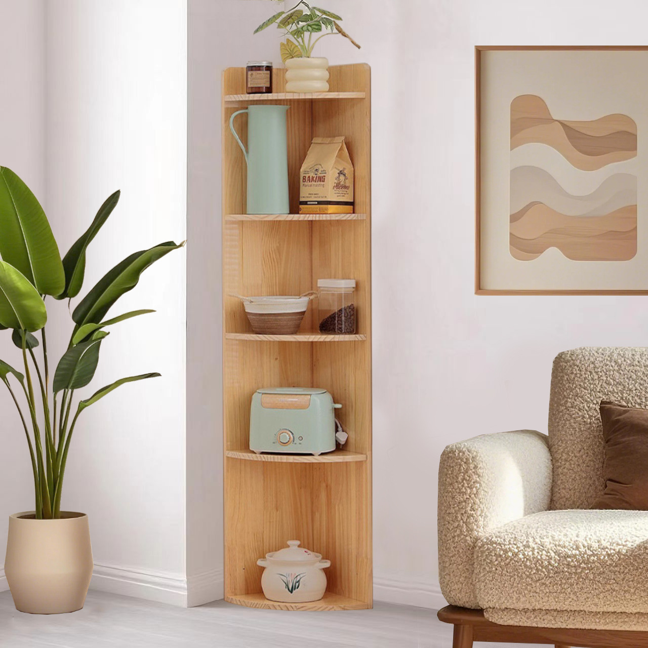 Solid Wood Storage Rack Corner Floor-Standing Triangle Side Cabinet Living Room Bedroom Multi-Layer Corner Fan-Shaped Corner Bookshelf Bookcase