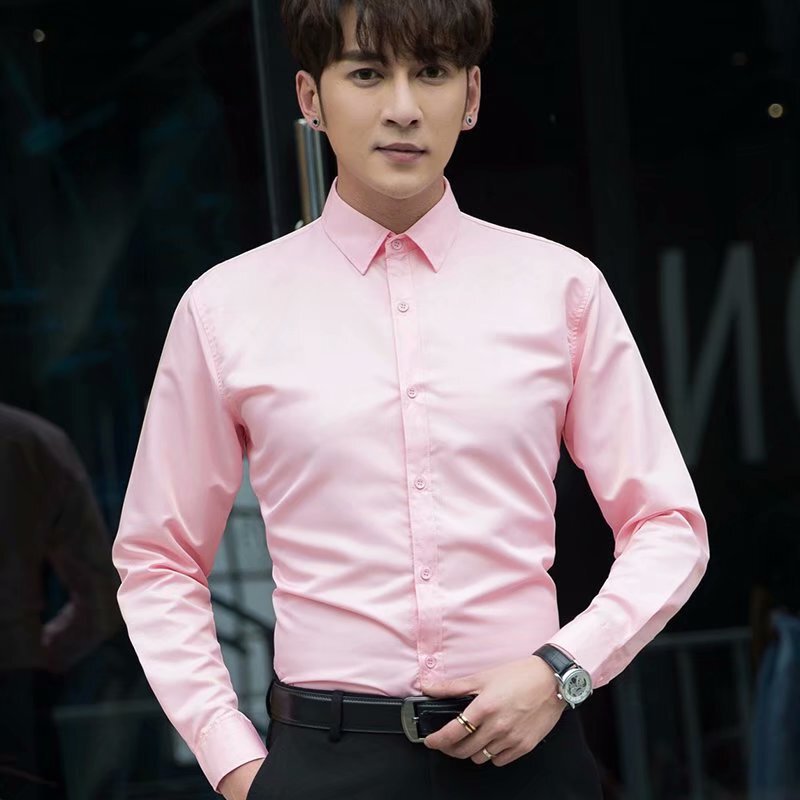 Professional Business Shirt Dress Slim-fit Long-sleeved Shirt Men's Plus Size Men's Shirt Groom Best Man Pink