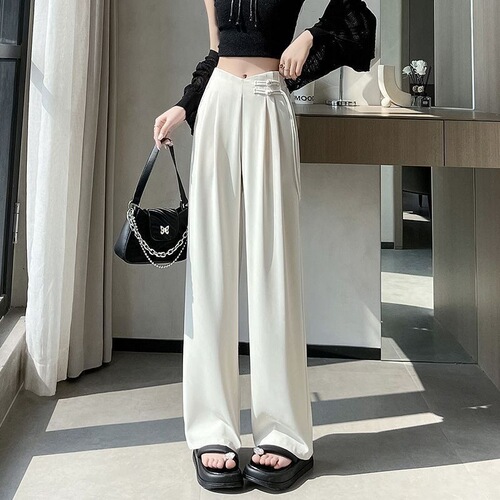 2026 spring and summer new style, new Chinese style, button straight suit pants, women's high-waist casual pants, personalized wide-leg pants