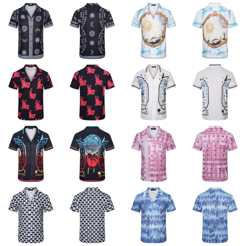 Cross-Border Export Amiri Trendy Brand Summer Popular Full Printed Logo Casual Versatile Short-Sleeved Shirt for Men and Women