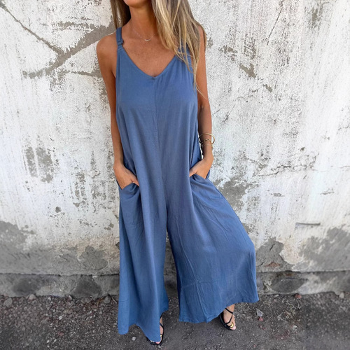 Amazon Women's Solid Color Jumpsuit 2025 Summer Cotton-Linen Loose Casual Romper with Pockets