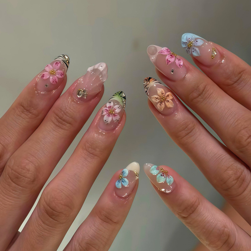3D Flower Ultra-Short Almond French-Style Press-On Nails, Cross-Border Hot-Selling Island Vacation Style Spicy Girl Nail Stickers Ins