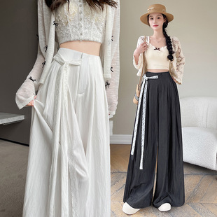 navy blue Lace-up Tencel Cotton Wide Leg Pants Women's Summer New Ice Silk Dipped Loose Casual Skirt