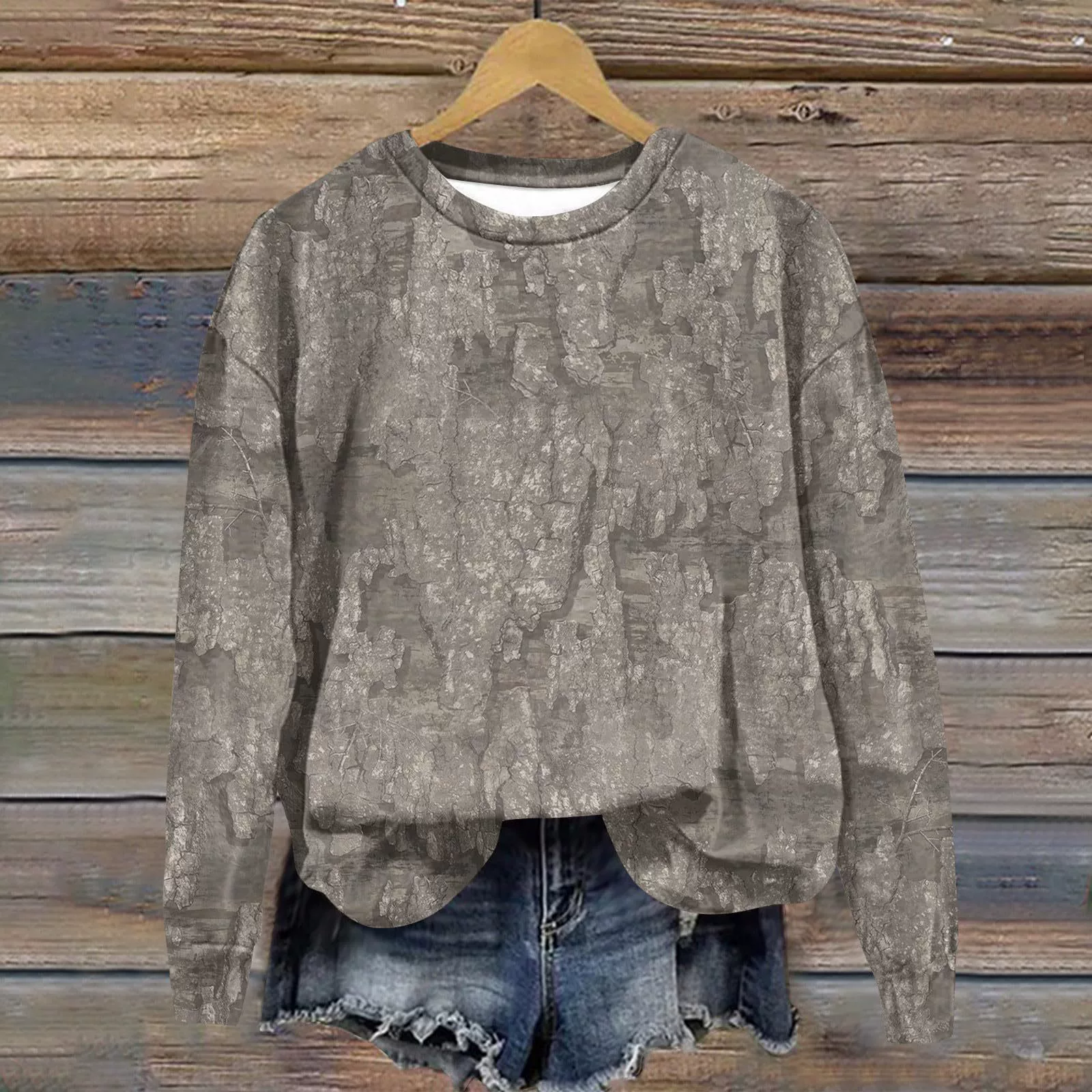 Amazon 2024 Женский камуфляжный круглый воротник свитер с принтом листьев повседневный пуловер женский спортивный повседневный куртка