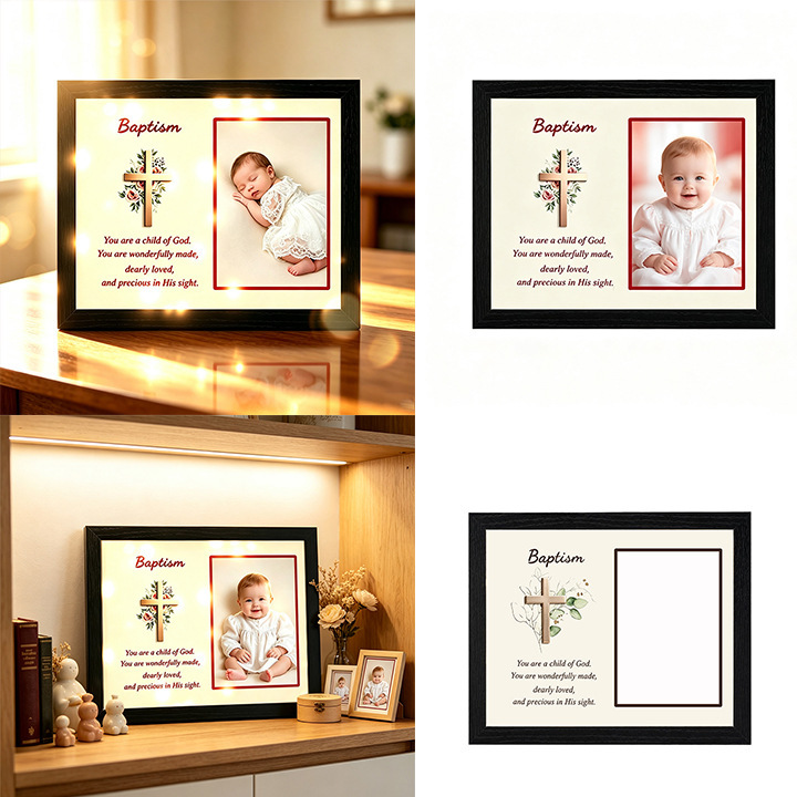 Amazon baptism gift, newborn baptism luminous picture frame, cross-border baptism baby wooden luminous photo frame