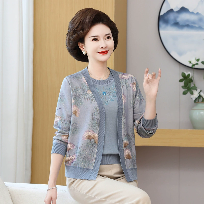 Костюм футболки из ледяного шелка для мамы Весна и Осень Тонкое пальто для пожилых женщин с длинными рукавами трикотажный кардиган для лета