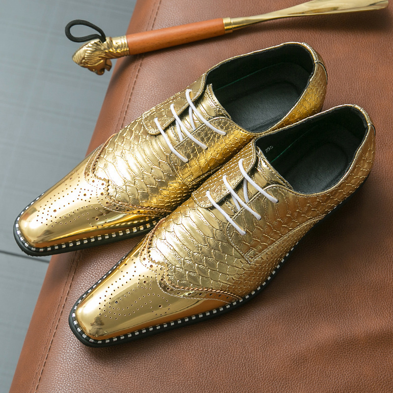 Zapatos de cuero de bloque de negocios transfronterizos de tamaño grande oro brillante, zapatos de estilo europeo y americano de tamaño grande, zapatos de derby de encaje de altura image 5