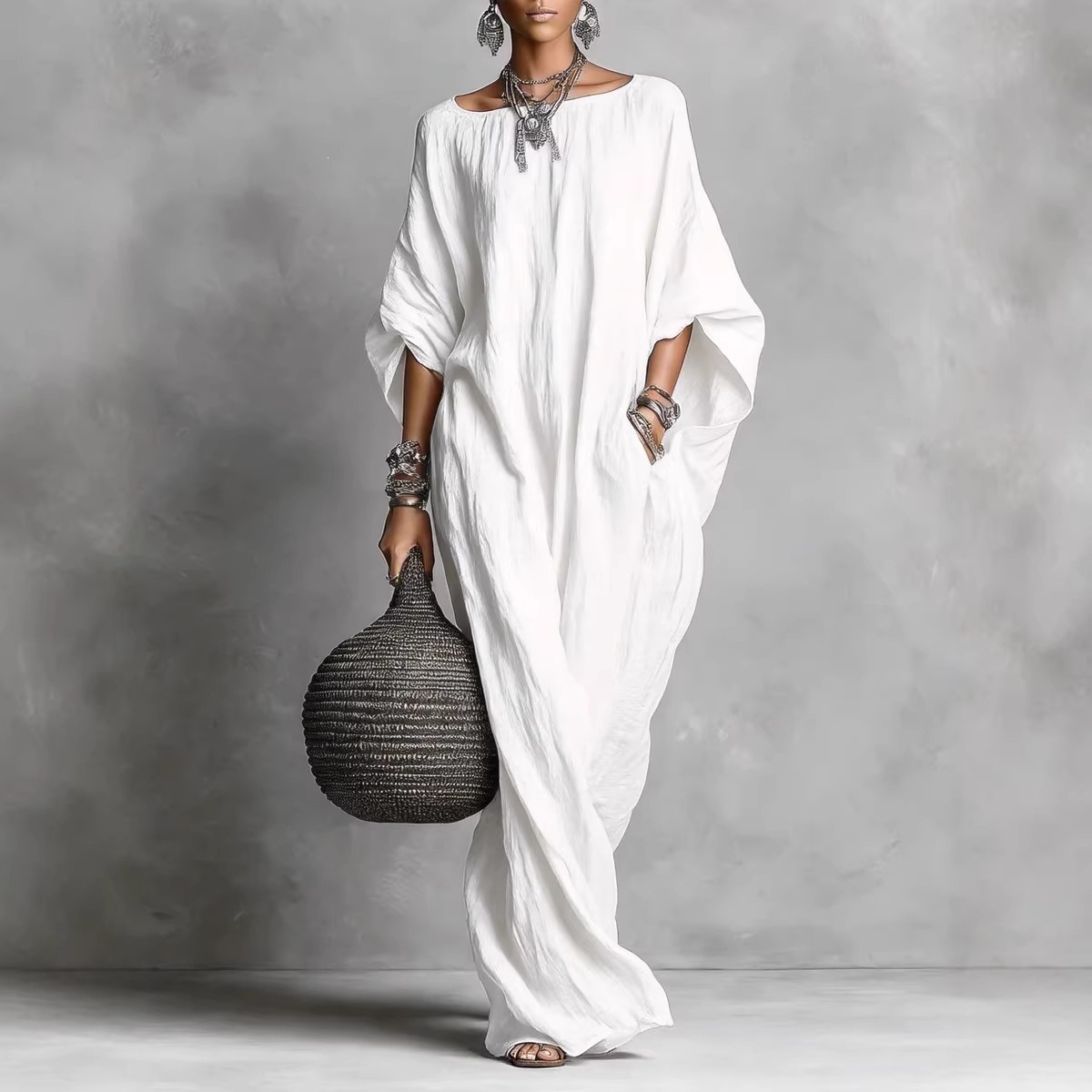 Amazon 2026 Cross-Border Women's Clothing European and American Retro Solid Color Elegant Long-Sleeve Off-Shoulder Long Casual Dress White