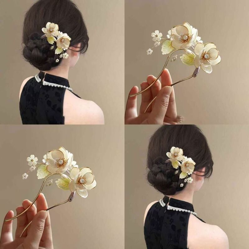 新しい中国風のマグノリアの花 U 字型ヘアピン中国風のヘアピンハイエンドのヘアピン頭飾りチャイナドレスアクセサリー|undefined