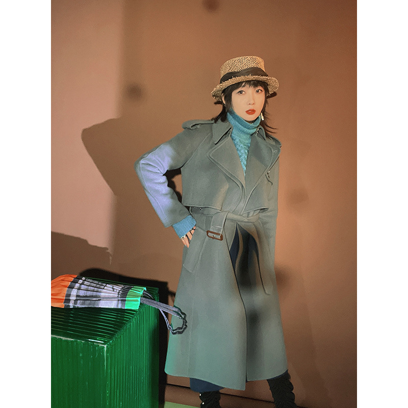 Design cashmere woolen elegant long double-sided trench coat