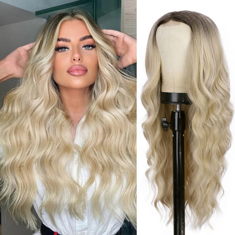 Long Wavy Wig Gradient Platinum Blonde Wig Female Middle Curly Synthetic Hair Manufacturer Spot Wholesale