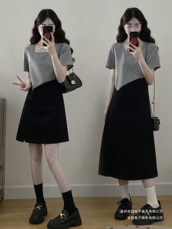 Fake Two-Piece Color-Blocked Dress for Women, Summer Plus-Size, Flattering for Slightly Chubby Figures, Cinched Waist Design, Halter Neck, Square Neck Long Dress