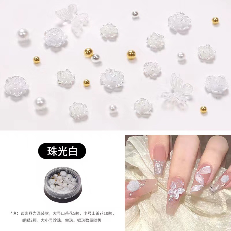 Nuevos adornos de camellia flores de mariposa mezcladas perlas multicolores taladro de alta calidad taladro de joyas de uñas de acero