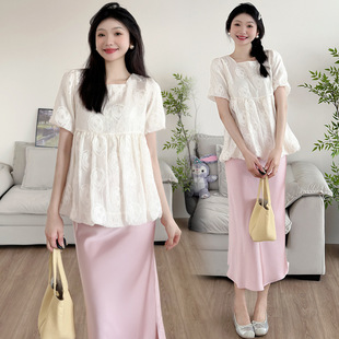 Summer New 2025 French Jacquard Cute Playful Pregnant Women's Age-reducing Doll Shirt Top