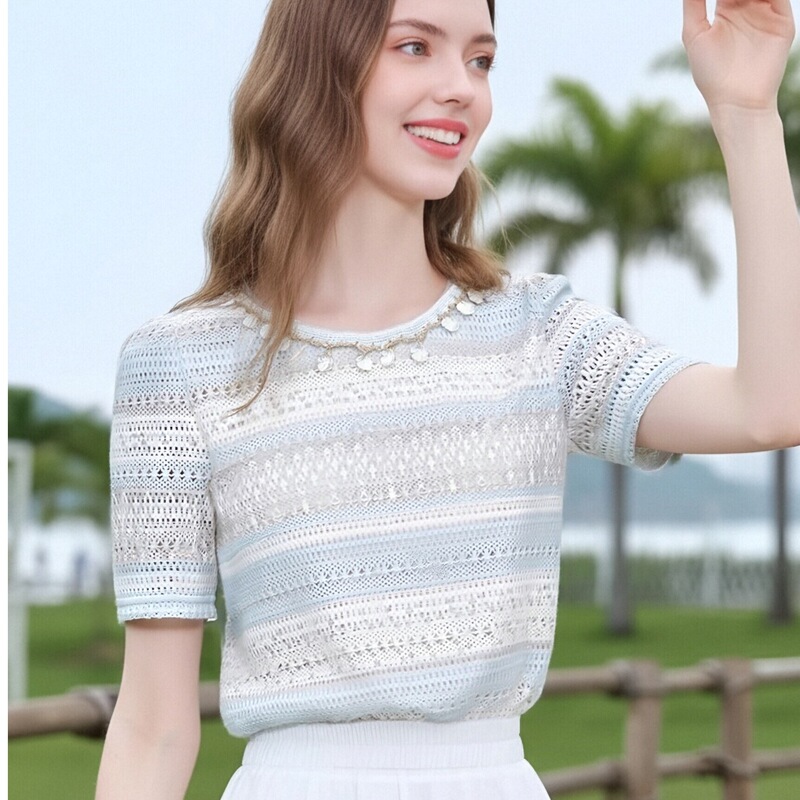 French-Style Puff Sleeve Lace Color-Block Striped Short-Sleeve T-Shirt for Women, New Summer Fresh Style Niche Versatile Top French-Style Puff Sleeve Lace Color-Block Striped Short-Sleeve T-Shirt for Women, New Summer Fresh Style Niche Versatile Top