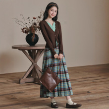森系田园风女装套装设计感穿搭针织假两件上衣格纹半身裙两件套