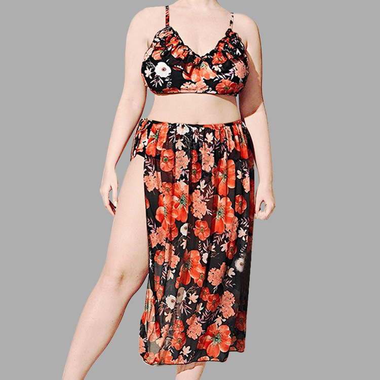 加肥加大码泳衣女欧美跨境新款性感显瘦印花沙滩裹裙比基尼三件套