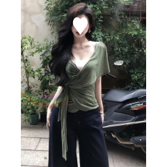 工厂批发绿色V领绑带短袖T恤女夏清冷感纯欲气质修身显瘦百搭上衣