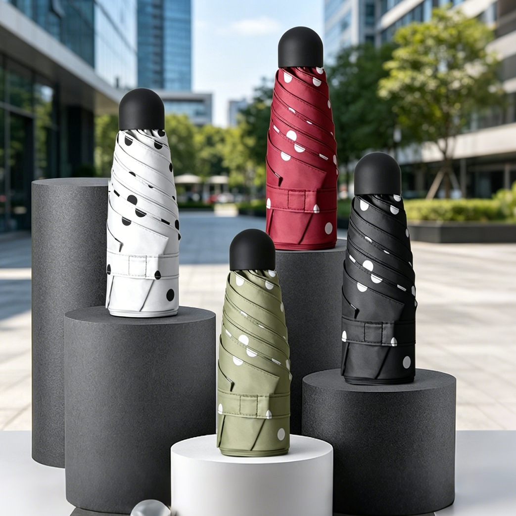 Minimalistischer, gepunkteter, fünffach faltbarer Mini-UV-Schutz-Taschenschirm für Damen, ultraleicht, klein, vielseitig verwendbar, für Sonne und Regen, Top-Qualität_voghion.com