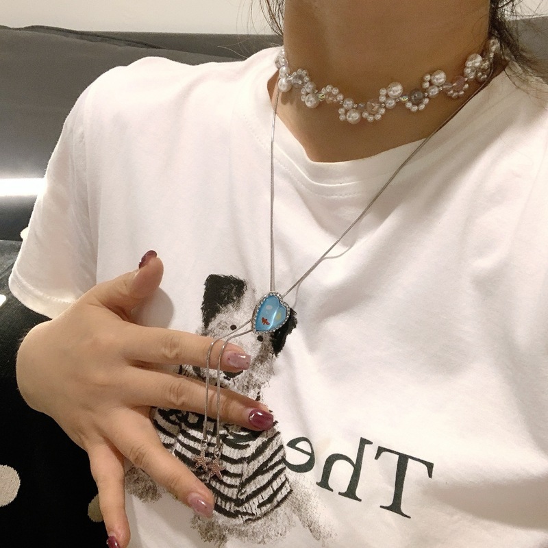 复古奢华vintage马卡龙彩色爱心珍珠项链女锁骨链轻奢choker颈链|undefined