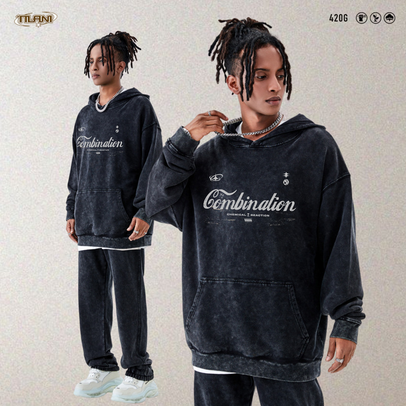 TILANI men's fashion European and American letter logo washing sweatshirt 420G terry high street hooded sweatshirt men's jacket