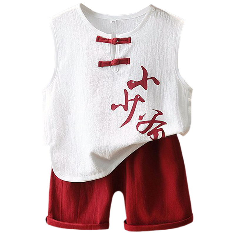 7886 Traje Hanfu de verano para niños, algodón y lino para niños, ropa nueva de verano, ropa de verano sin mangas de estilo occidental, traje de dos piezas de verano