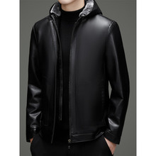 2025秋冬皮毛一体立领连帽皮衣男加绒加厚休闲爸爸装pu皮夹克