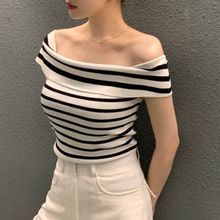 韩国chic夏季气质小性感一字领露肩修身显瘦条纹短袖针织衫