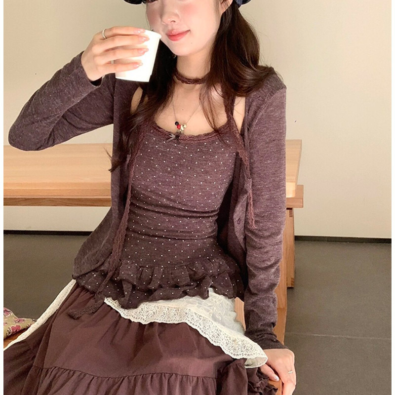 十三行气质甜美波点吊带长袖开衫外套两件套女蕾丝荷叶边套装秋季|undefined